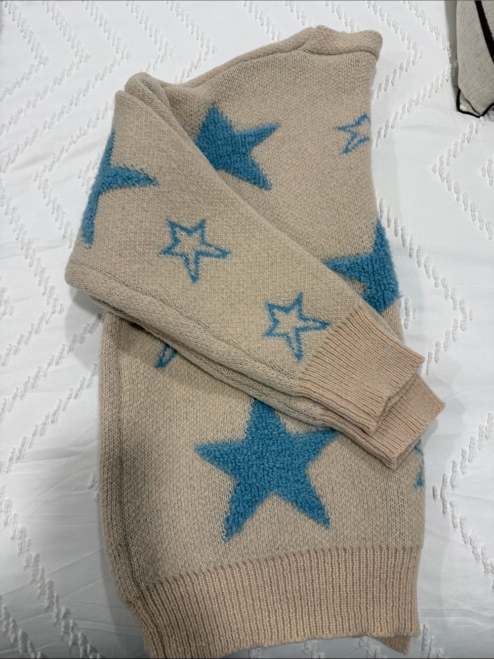 POL Small Oatmeal Blue Star Bouclé Open Front Cardigan Cozy Oversized Boho - Picture 8 of 9